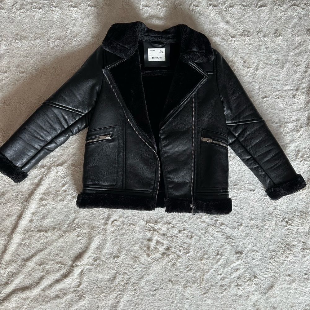 Zara Black Faux Leather Jacket with Fur Trim
